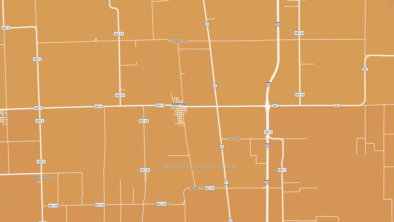 Map of the best neighborhoods in the Matthews area, with better matches in green and worse matches in red
