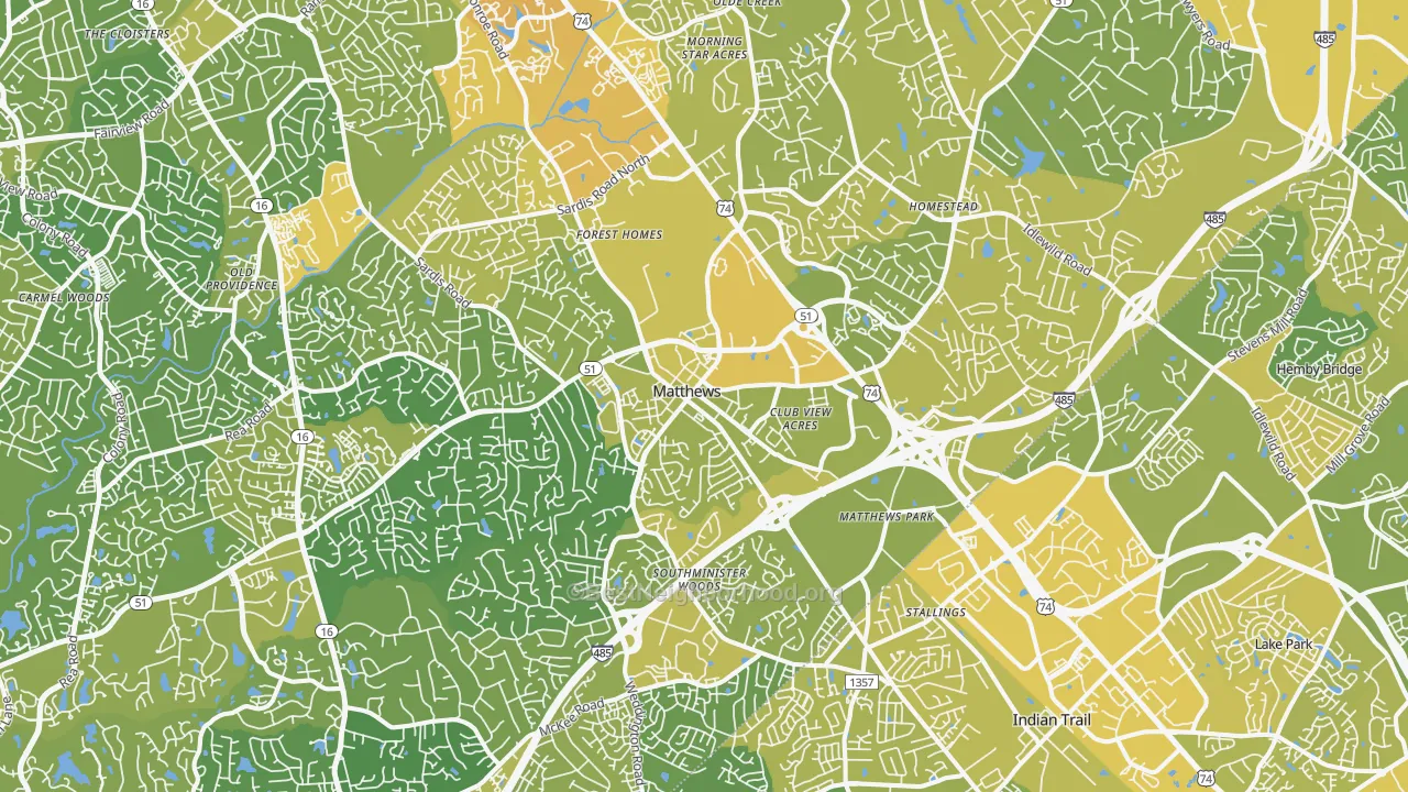 Map of the best neighborhoods in the Matthews area, with better matches in green and worse matches in red
