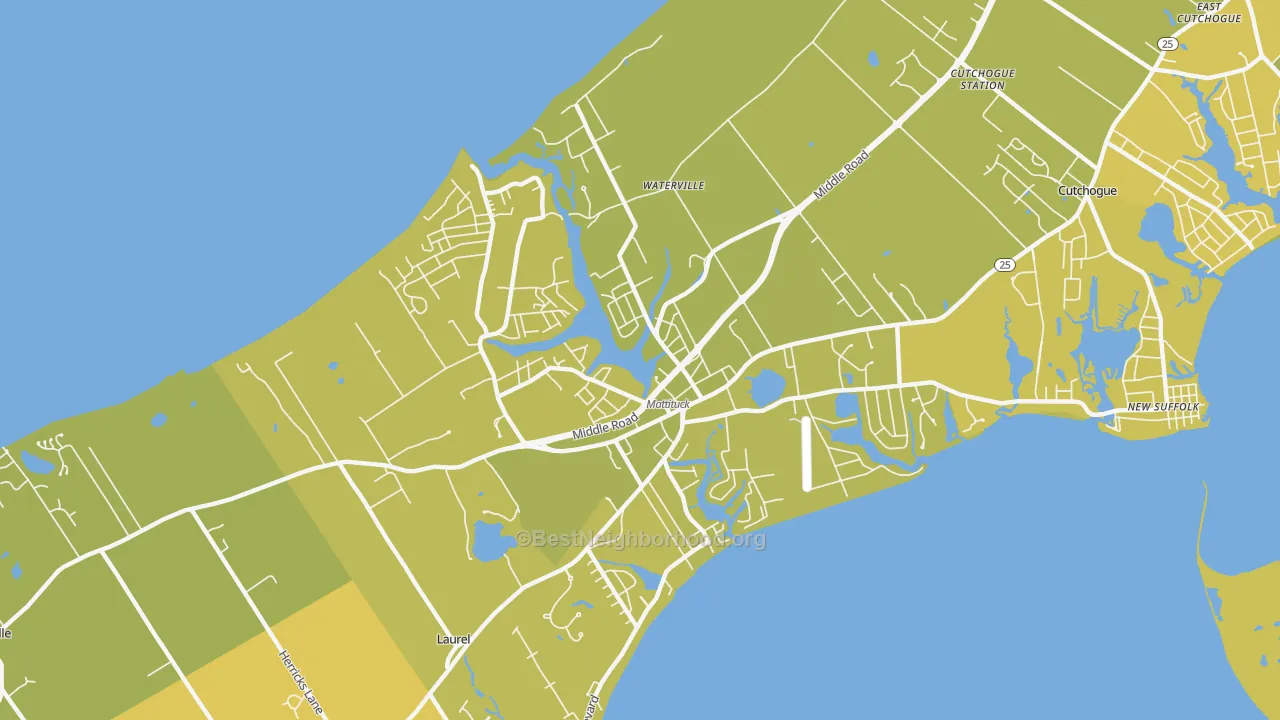 Map of the best neighborhoods in the Mattituck area, with better matches in green and worse matches in red