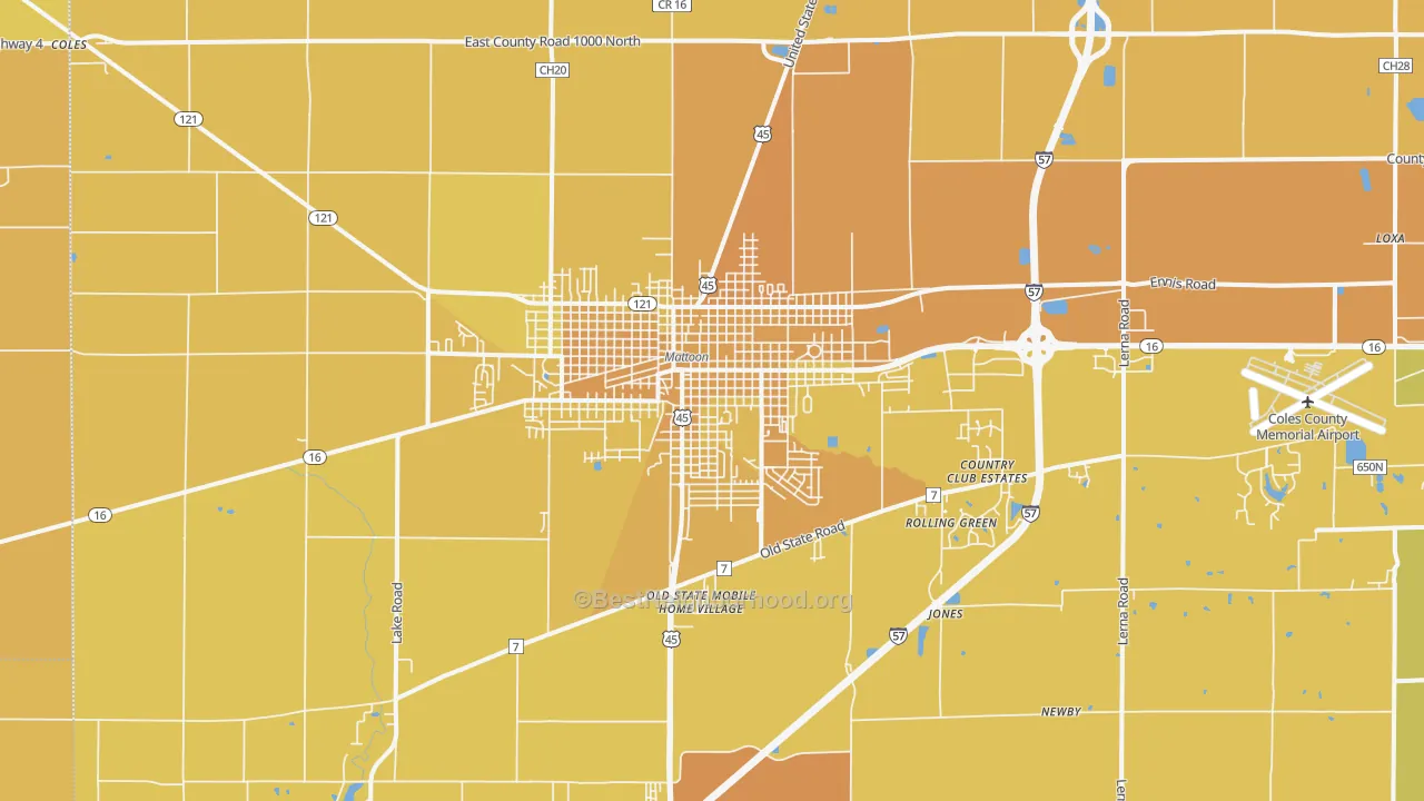 Map of the best neighborhoods in the Mattoon area, with better matches in green and worse matches in red