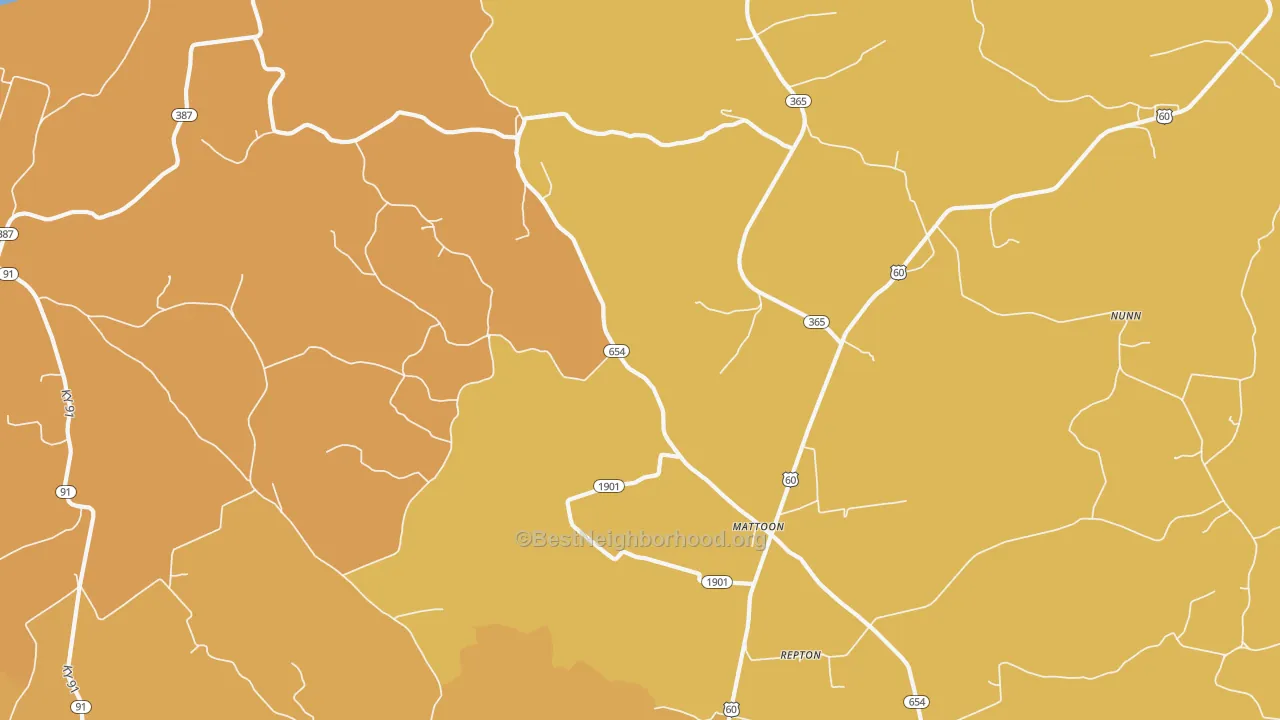Map of the best neighborhoods in the Mattoon area, with better matches in green and worse matches in red