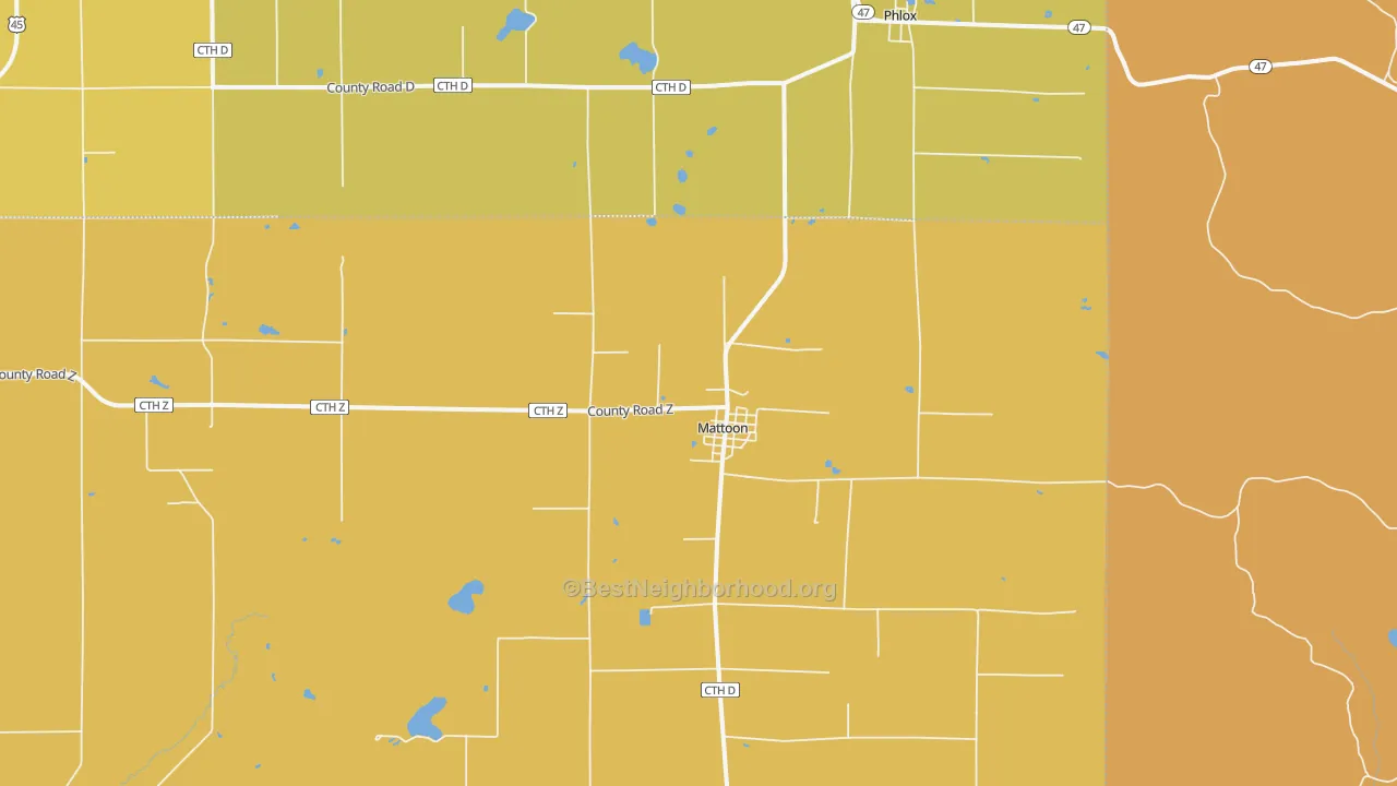 Map of the best neighborhoods in the Mattoon area, with better matches in green and worse matches in red