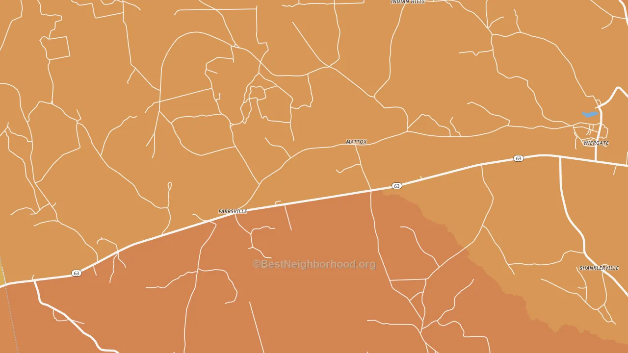 Map of the best neighborhoods in the Mattox area, with better matches in green and worse matches in red