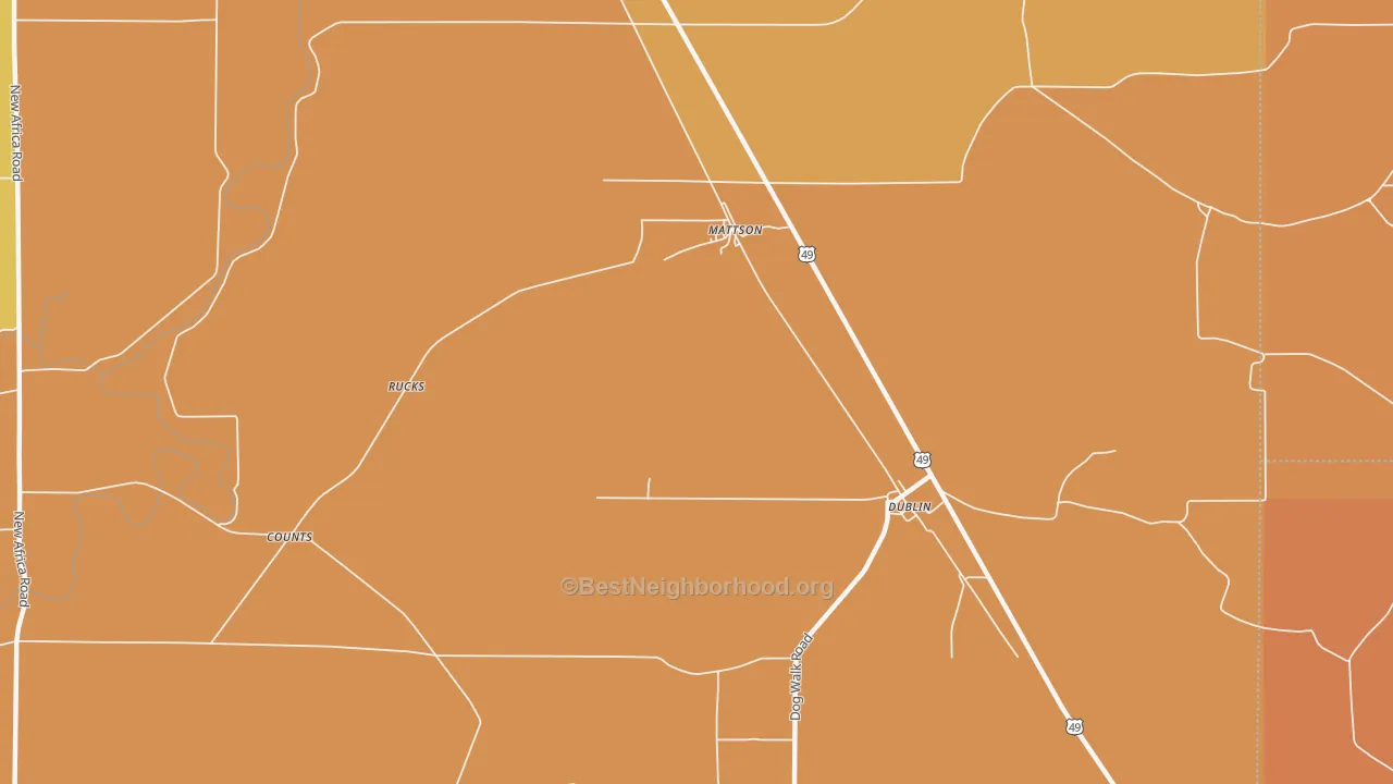 Map of the best neighborhoods in the Mattson area, with better matches in green and worse matches in red