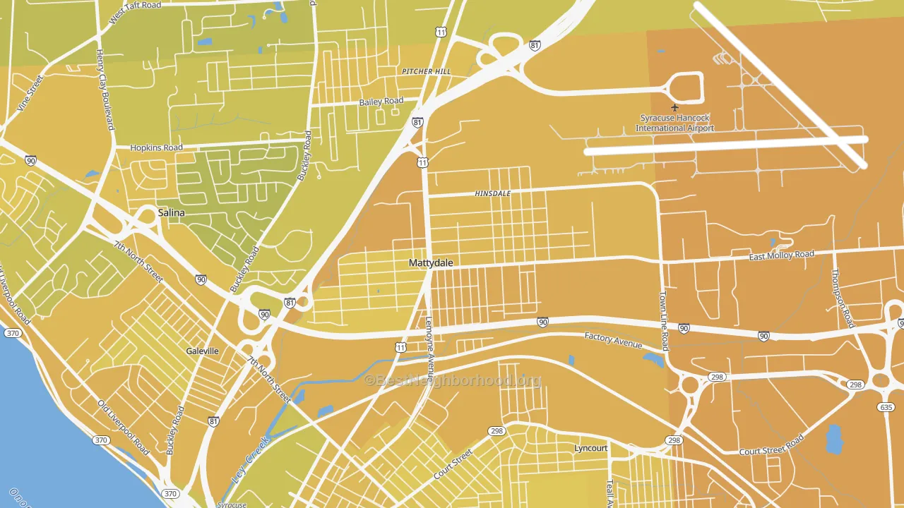 Map of the best neighborhoods in the Mattydale area, with better matches in green and worse matches in red