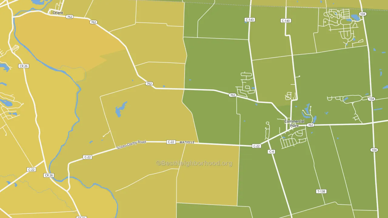 Map of the best neighborhoods in the Matville area, with better matches in green and worse matches in red