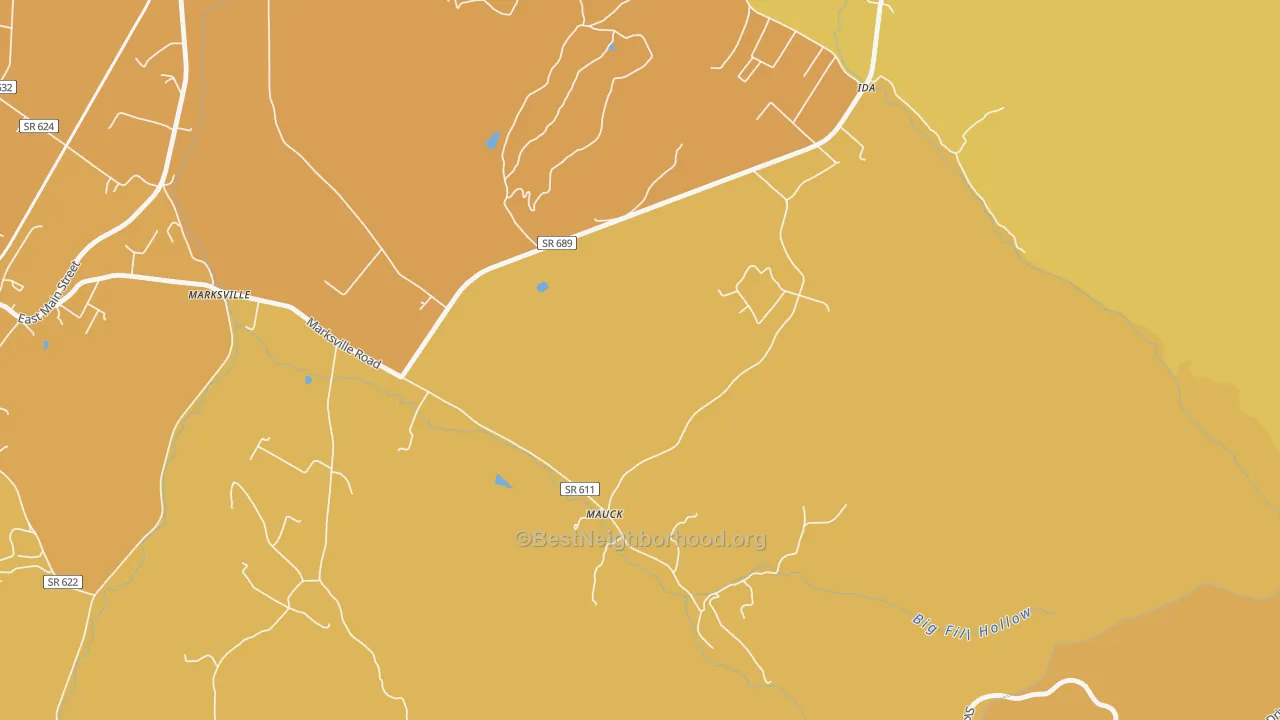 Map of the best neighborhoods in the Mauck area, with better matches in green and worse matches in red