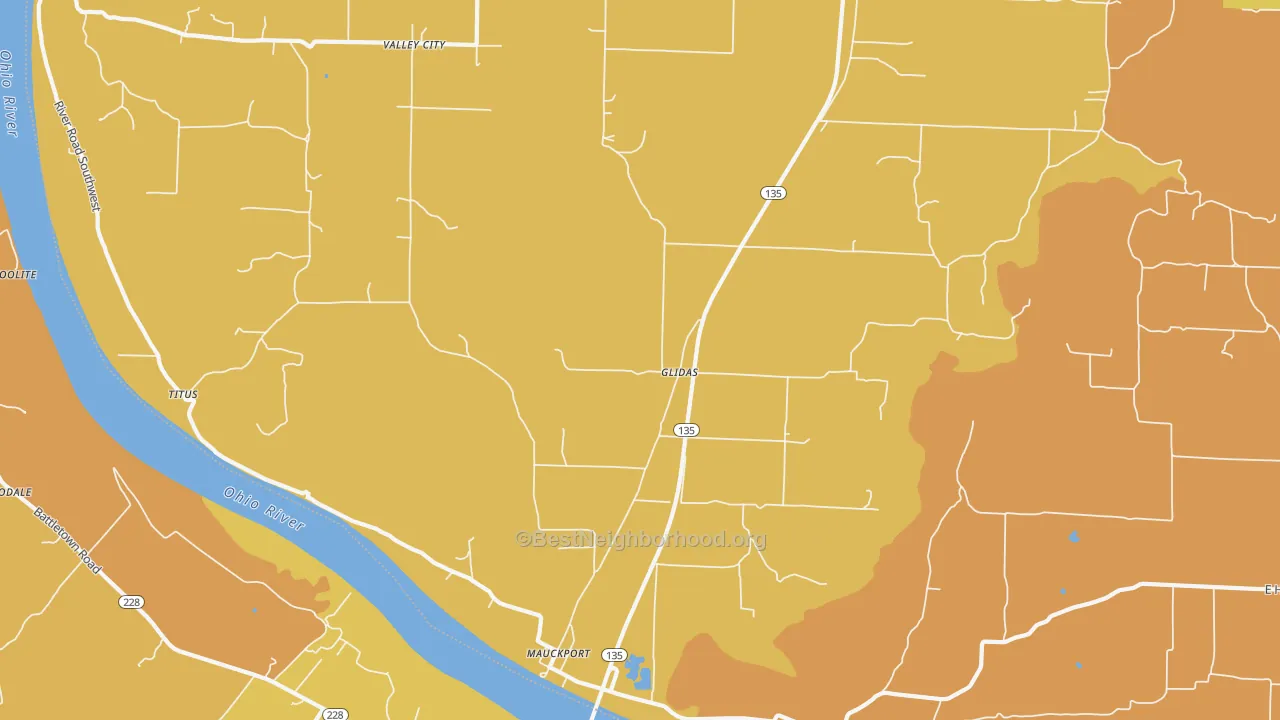 Map of the best neighborhoods in the Mauckport area, with better matches in green and worse matches in red