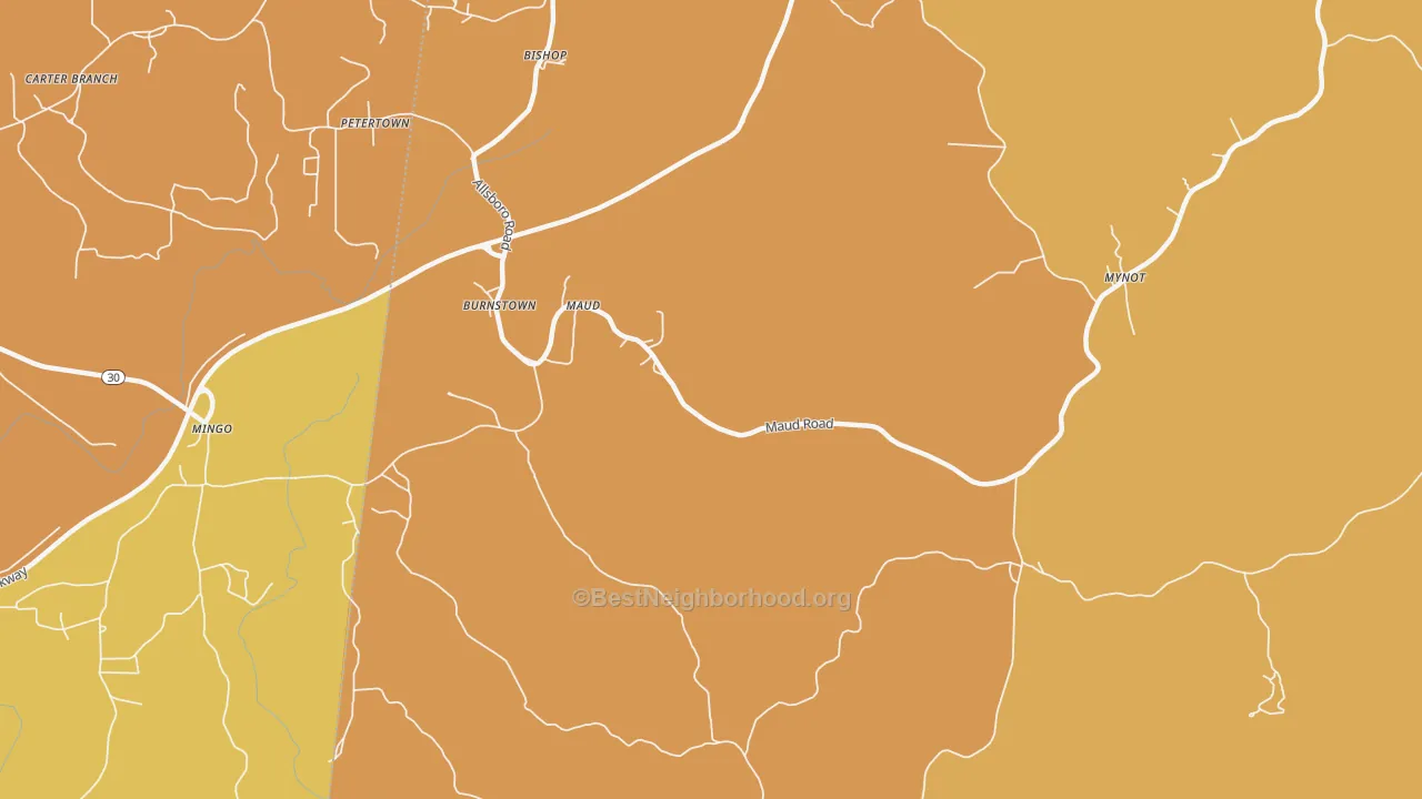 Map of the best neighborhoods in the Maud area, with better matches in green and worse matches in red
