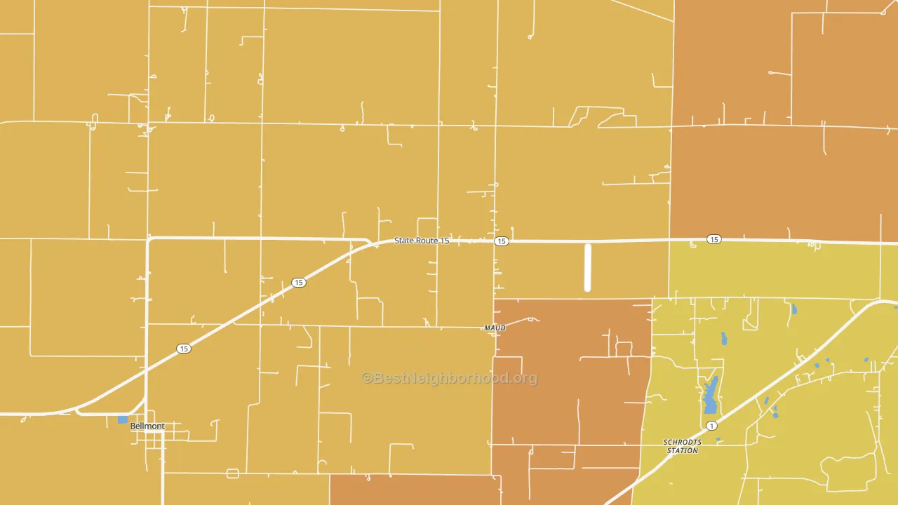 Map of the best neighborhoods in the Maud area, with better matches in green and worse matches in red