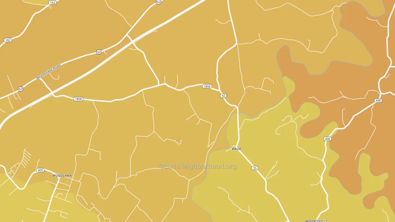 Map of the best neighborhoods in the Maud area, with better matches in green and worse matches in red