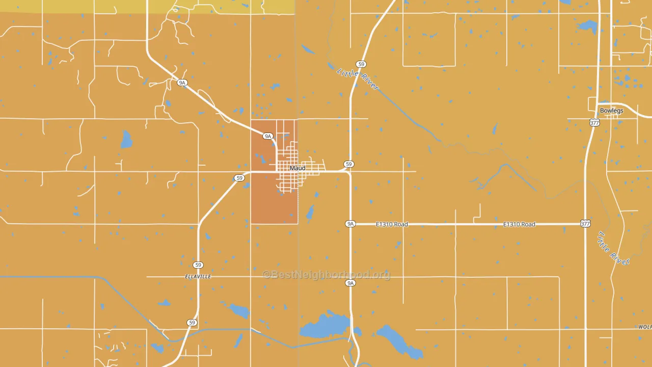 Map of the best neighborhoods in the Maud area, with better matches in green and worse matches in red