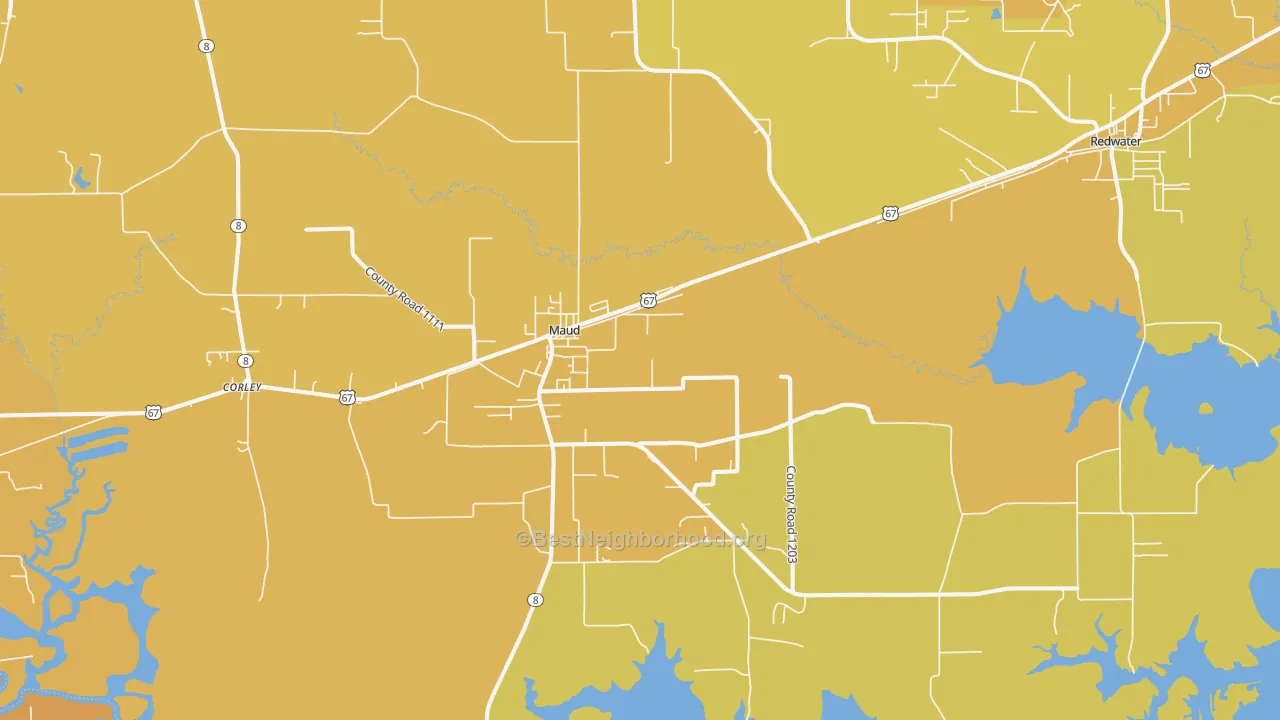 Map of the best neighborhoods in the Maud area, with better matches in green and worse matches in red