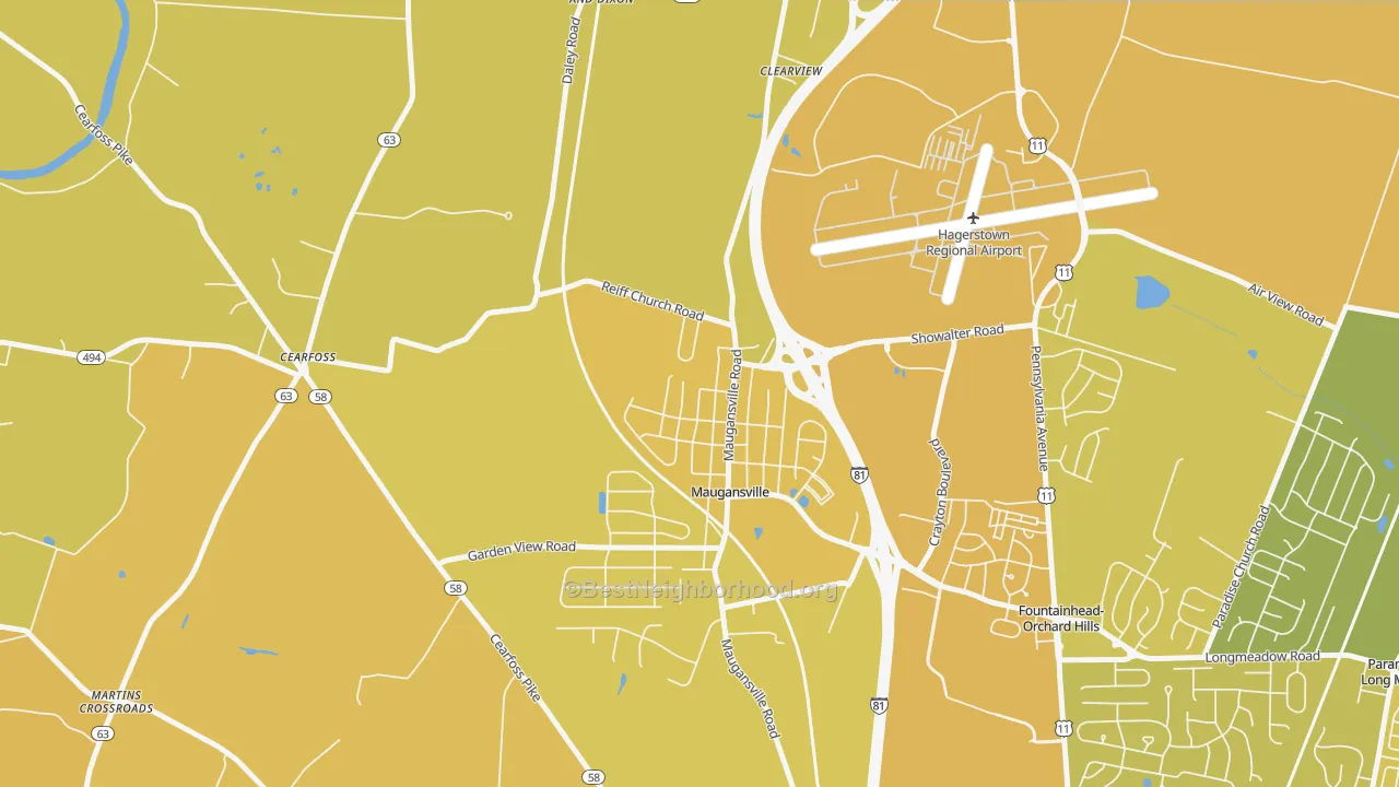 Map of the best neighborhoods in the Maugansville area, with better matches in green and worse matches in red