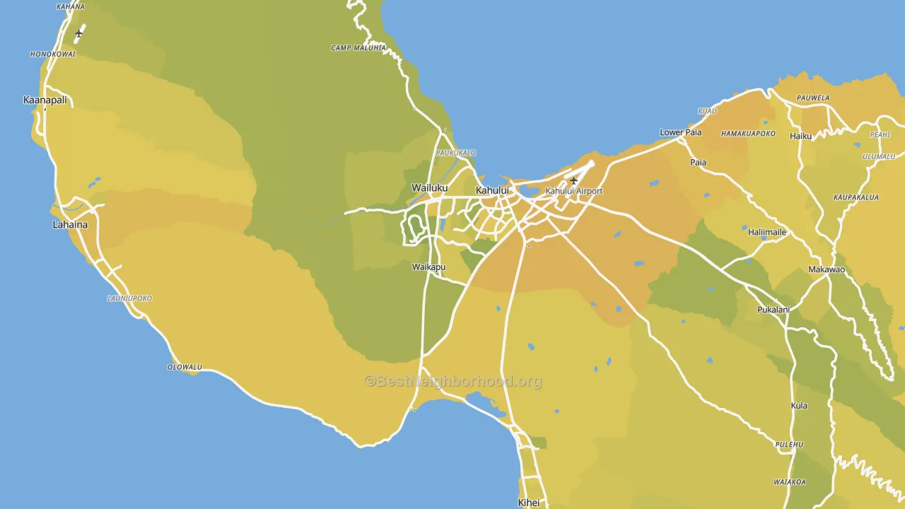 Map of the best neighborhoods in the Maui County area, with better matches in green and worse matches in red