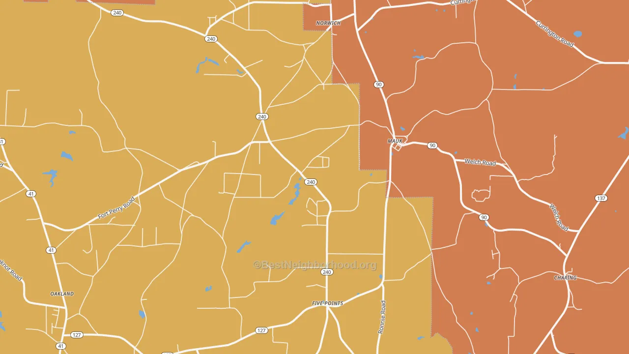 Map of the best neighborhoods in the Mauk area, with better matches in green and worse matches in red