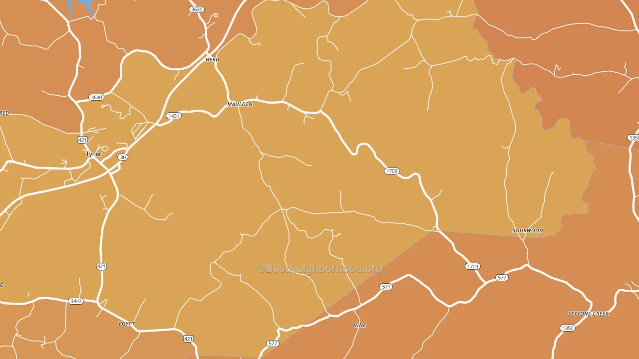 Map of the best neighborhoods in the Maulden area, with better matches in green and worse matches in red