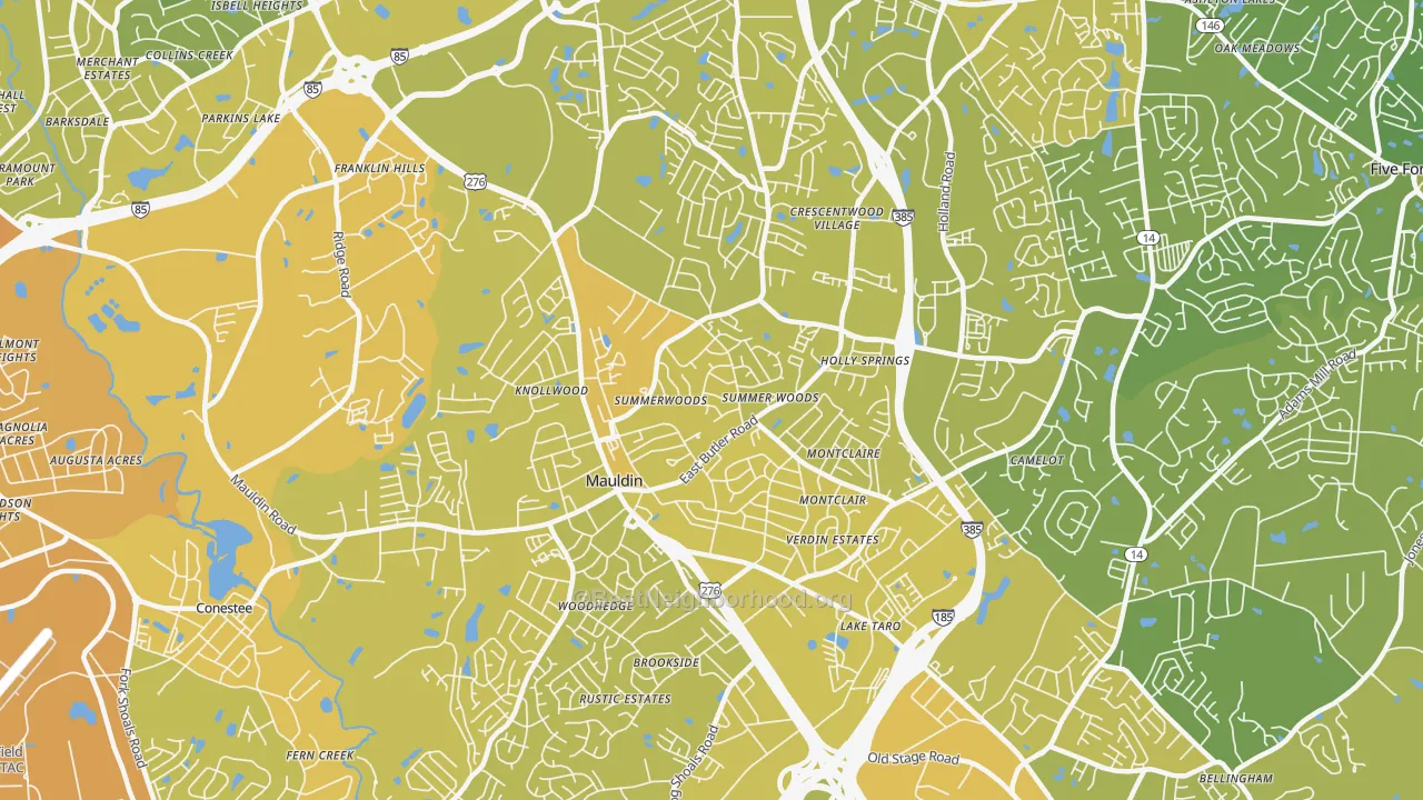 Map of the best neighborhoods in the Mauldin area, with better matches in green and worse matches in red
