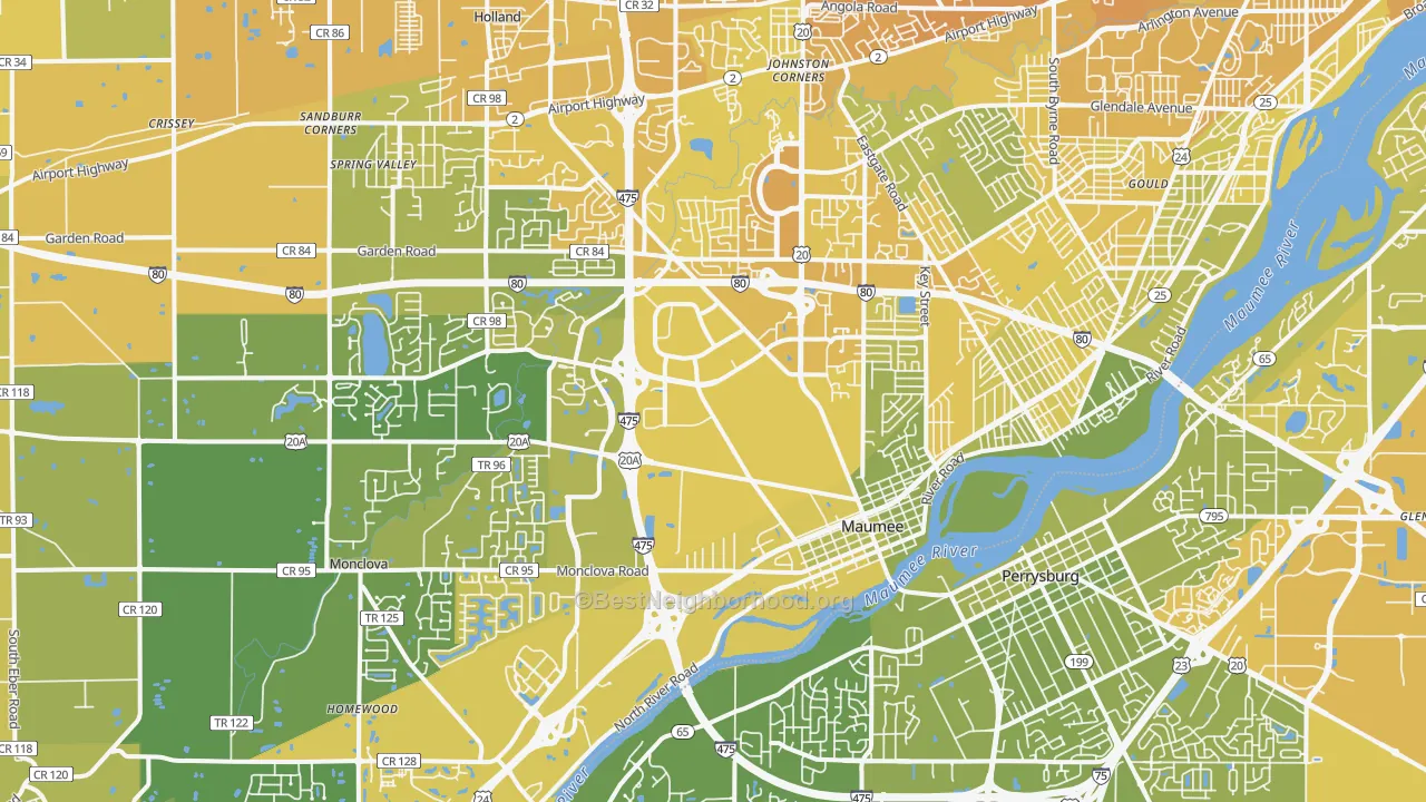 Map of the best neighborhoods in the Maumee area, with better matches in green and worse matches in red