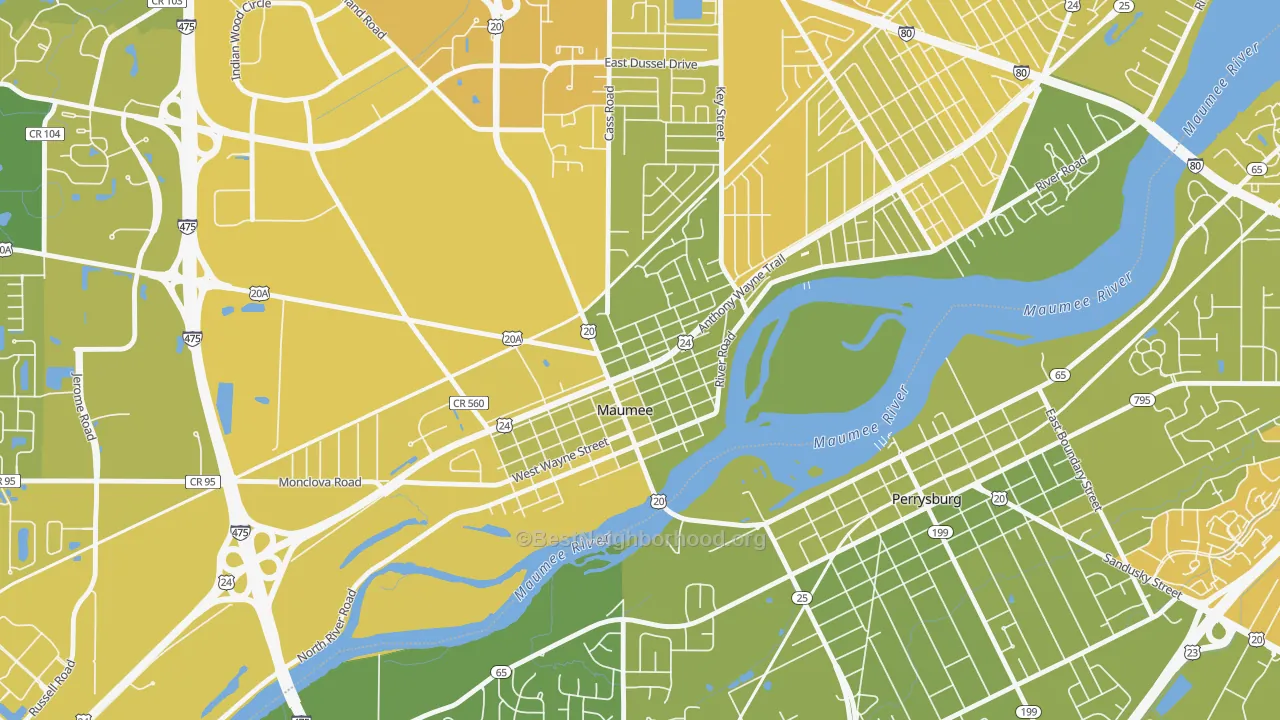 Map of the best neighborhoods in the Maumee Uptown Historic District, Maumee area, with better matches in green and worse matches in red