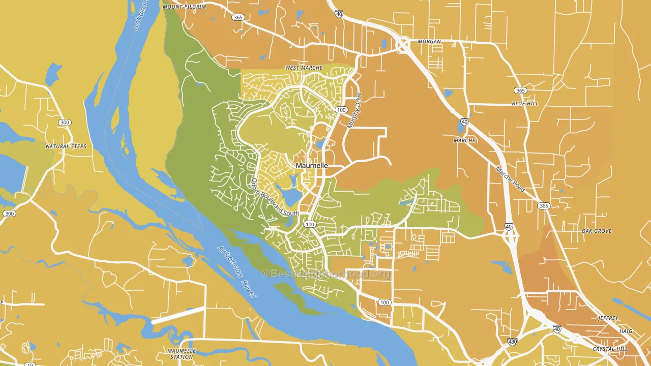 Map of the best neighborhoods in the Maumelle area, with better matches in green and worse matches in red