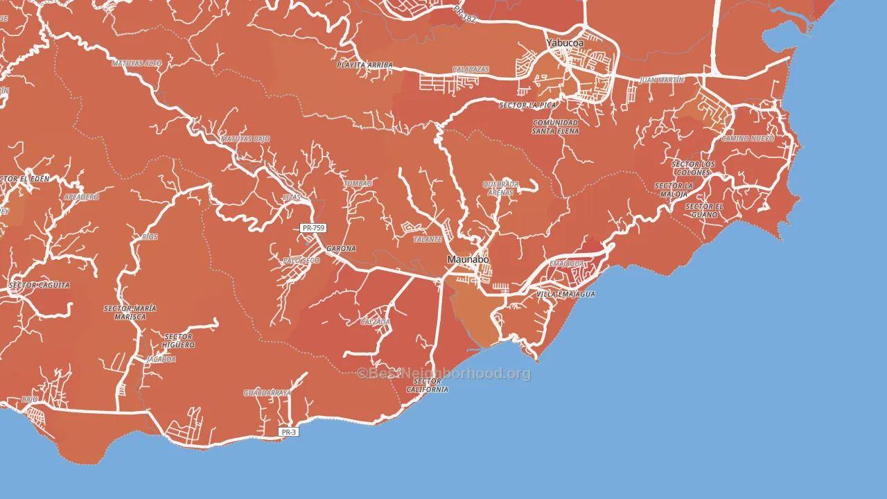 Map of the best neighborhoods in the Maunabo Municipio area, with better matches in green and worse matches in red
