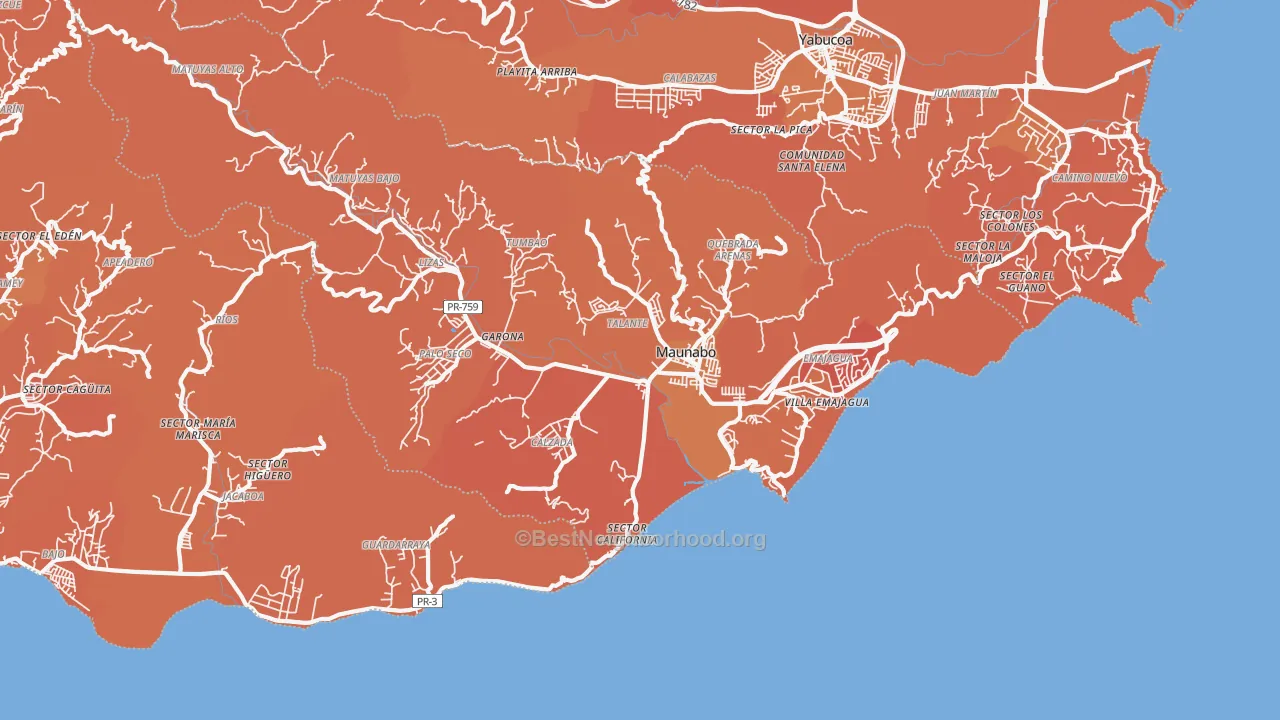 Map of the best neighborhoods in the Maunabo area, with better matches in green and worse matches in red
