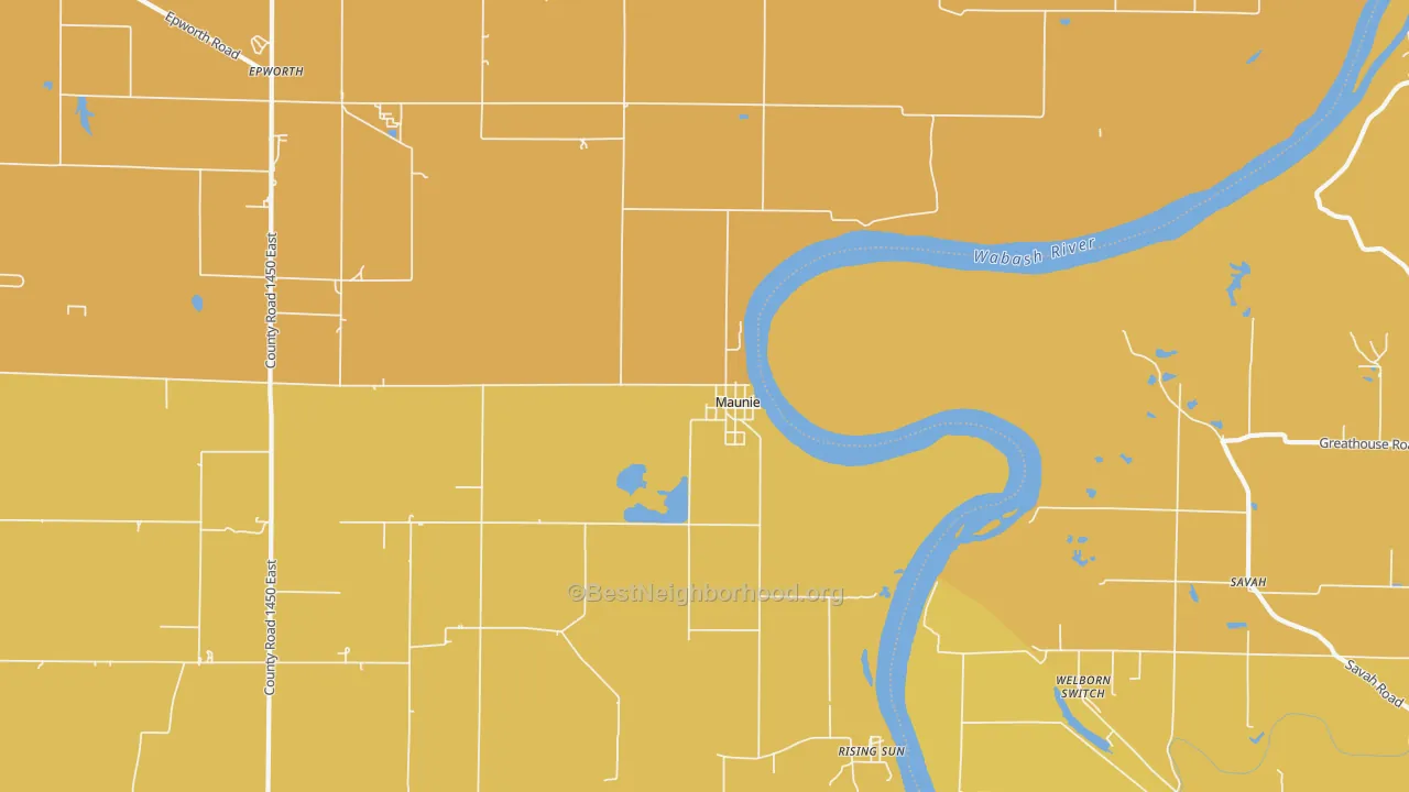 Map of the best neighborhoods in the Maunie area, with better matches in green and worse matches in red