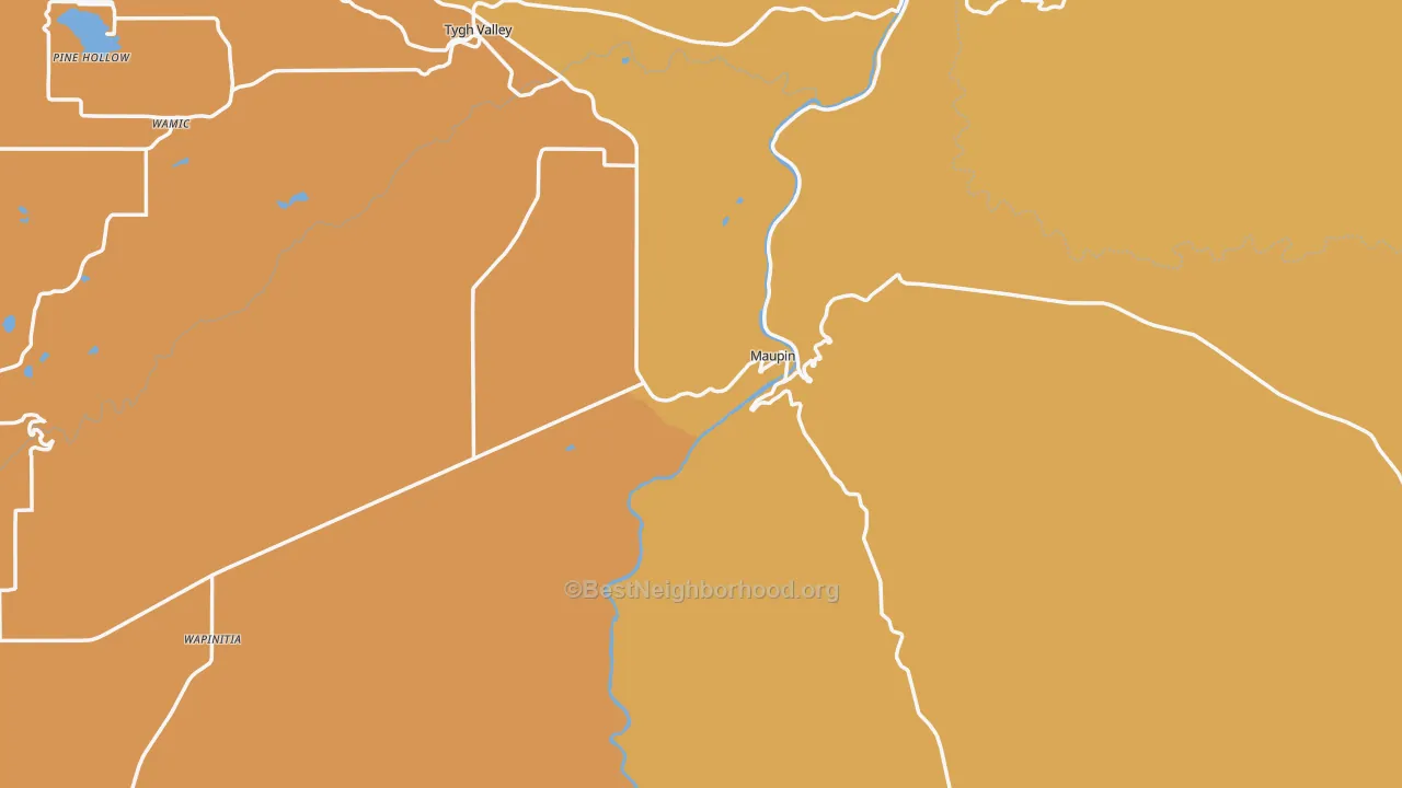 Map of the best neighborhoods in the Maupin area, with better matches in green and worse matches in red