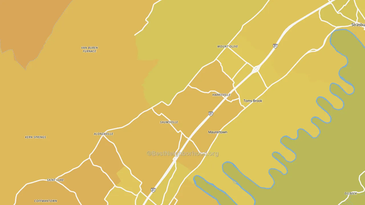 Map of the best neighborhoods in the Maurertown area, with better matches in green and worse matches in red