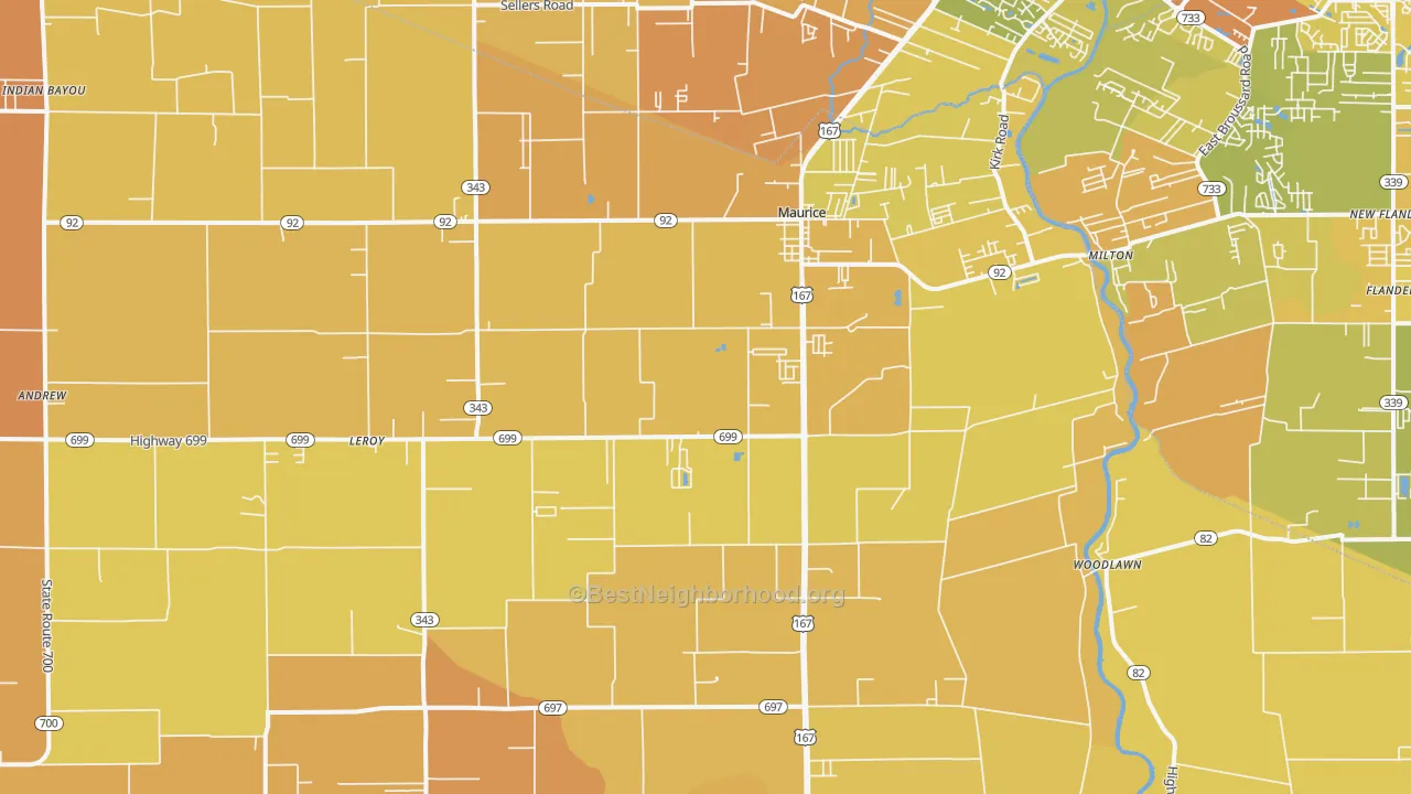 Map of the best neighborhoods in the Maurice area, with better matches in green and worse matches in red