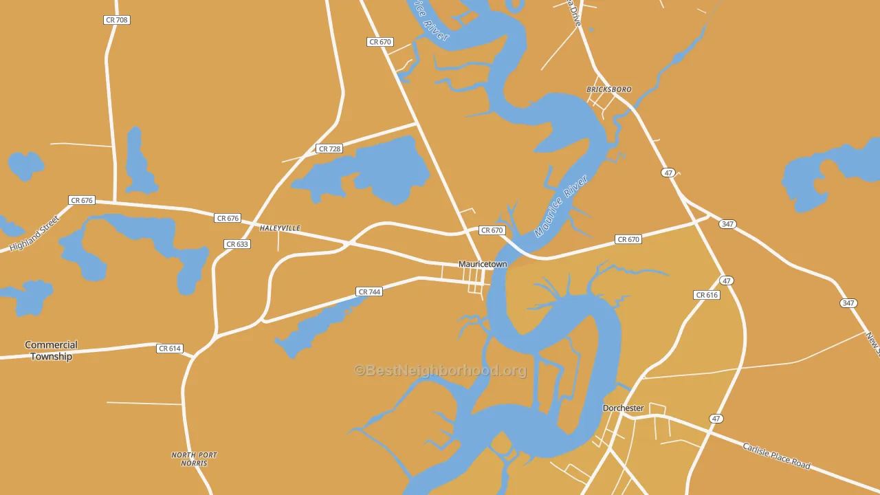 Map of the best neighborhoods in the Mauricetown area, with better matches in green and worse matches in red