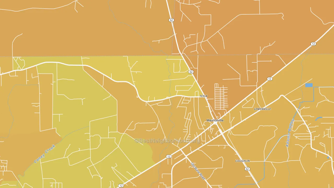 Map of the best neighborhoods in the Mauriceville area, with better matches in green and worse matches in red
