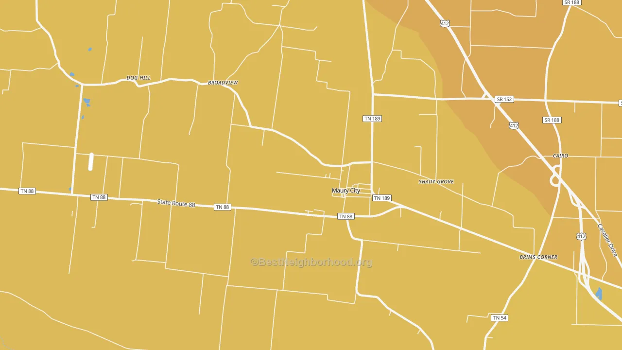 Map of the best neighborhoods in the Maury City area, with better matches in green and worse matches in red