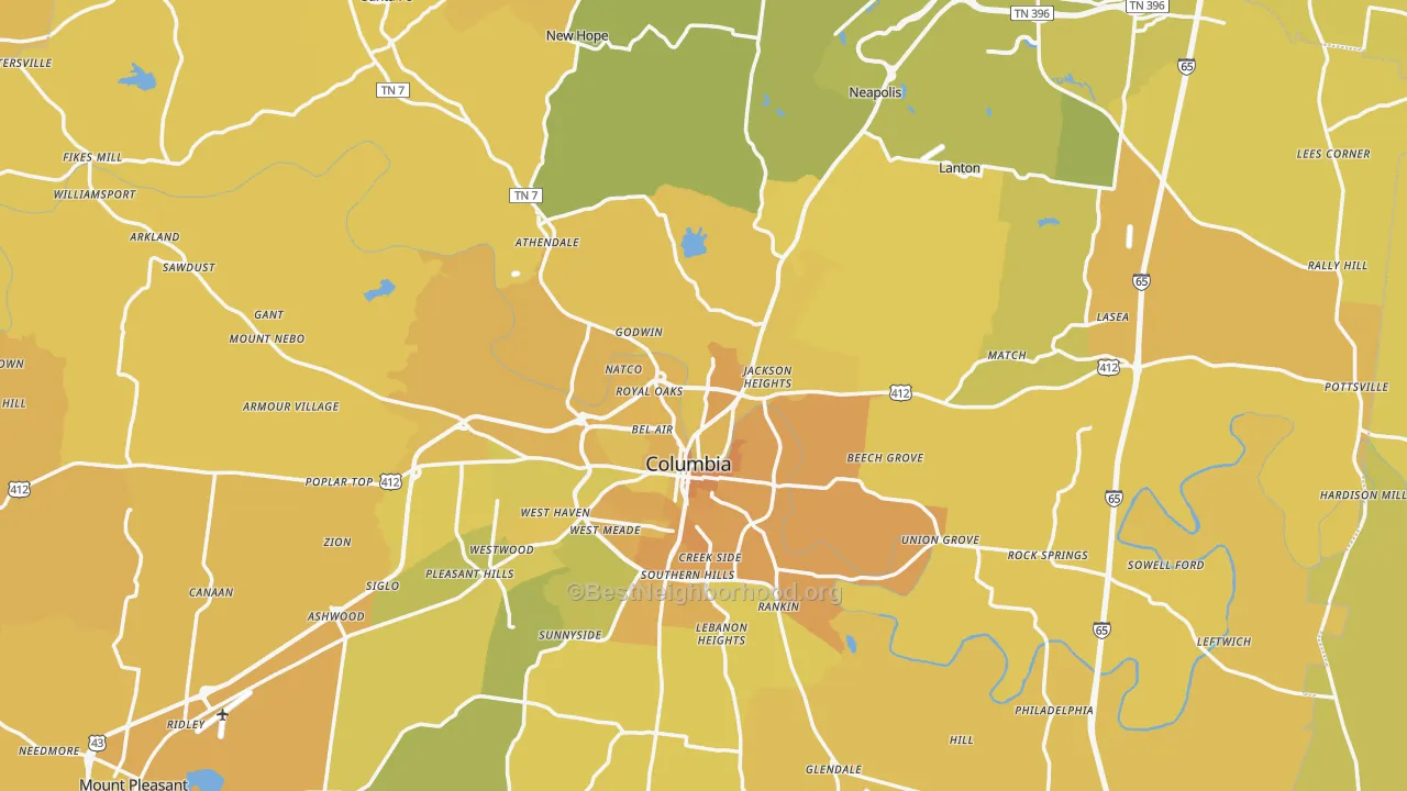 Map of the best neighborhoods in the Maury County area, with better matches in green and worse matches in red