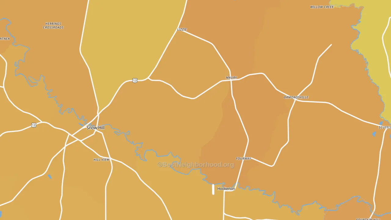 Map of the best neighborhoods in the Maury area, with better matches in green and worse matches in red