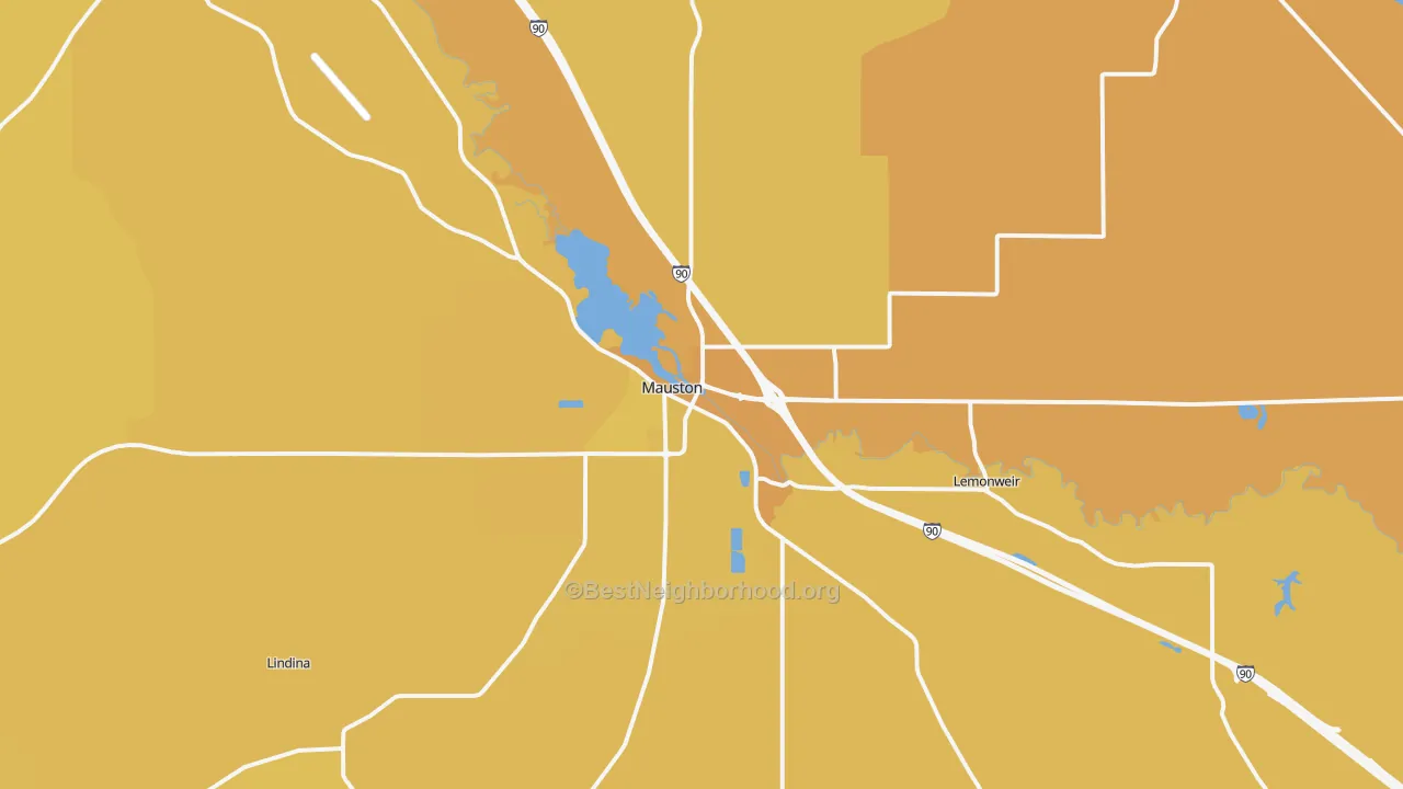 Map of the best neighborhoods in the Mauston area, with better matches in green and worse matches in red