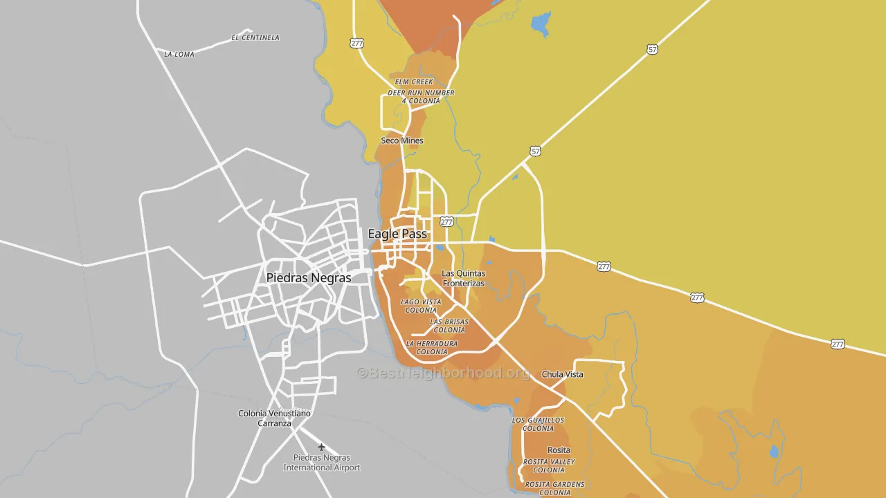 Map of the best neighborhoods in the Maverick County area, with better matches in green and worse matches in red