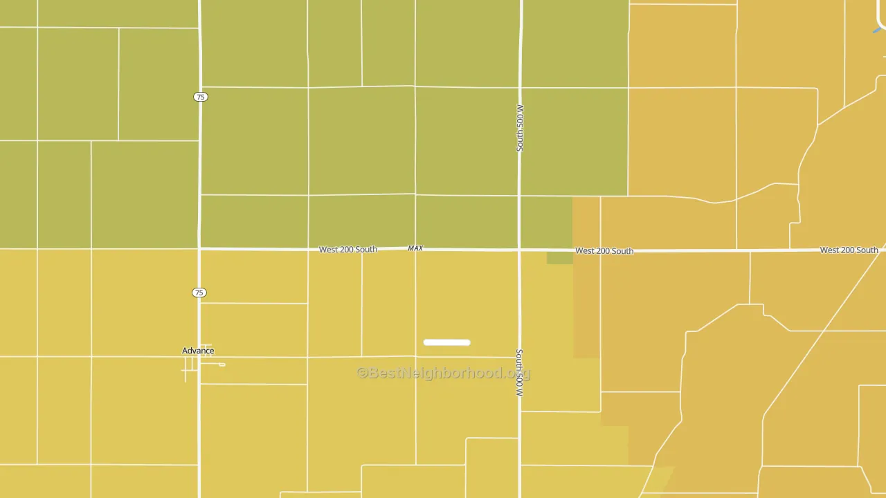 Map of the best neighborhoods in the Max area, with better matches in green and worse matches in red