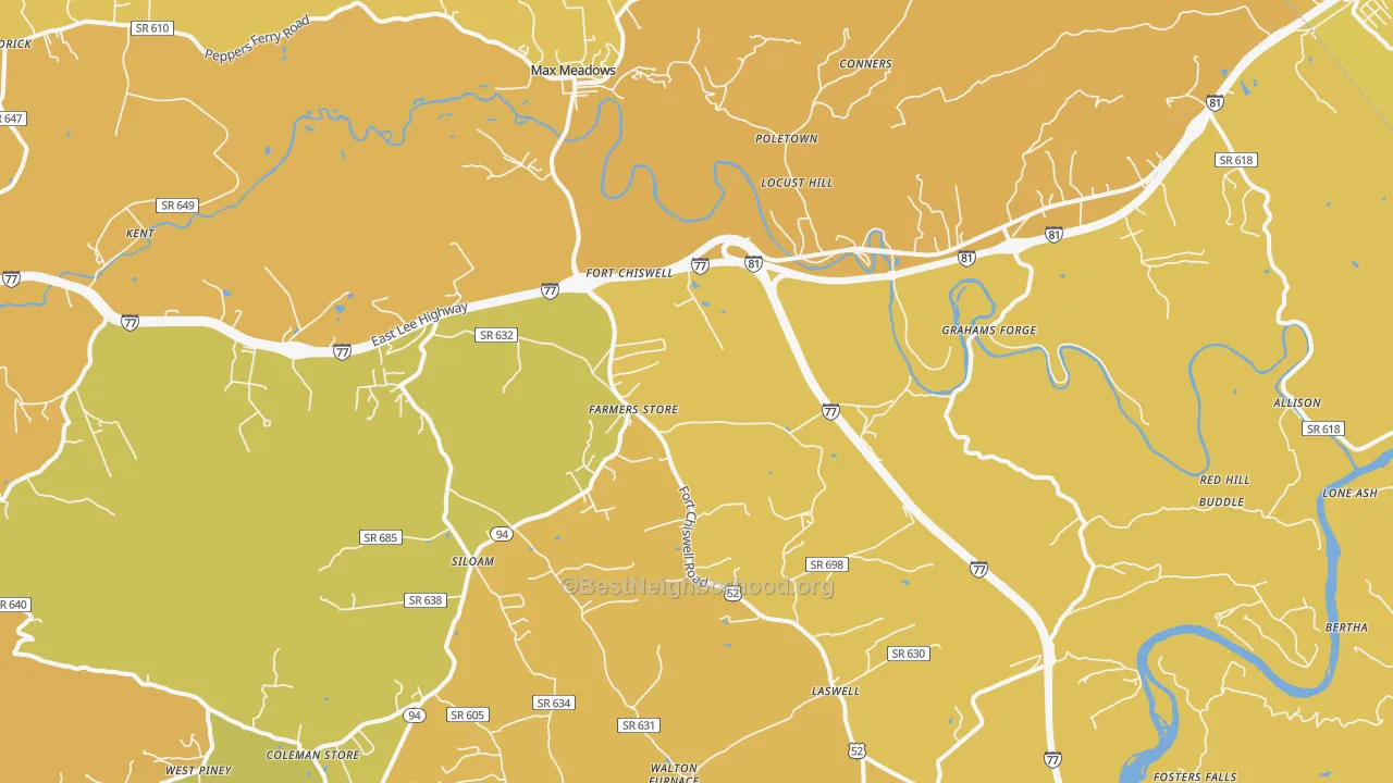 Map of the best neighborhoods in the Max Meadows area, with better matches in green and worse matches in red