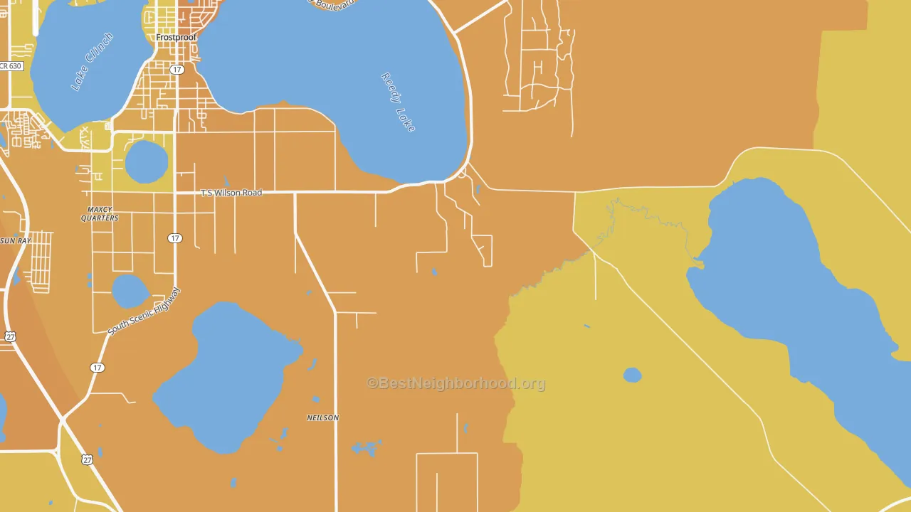 Map of the best neighborhoods in the Maxcy Quarters area, with better matches in green and worse matches in red