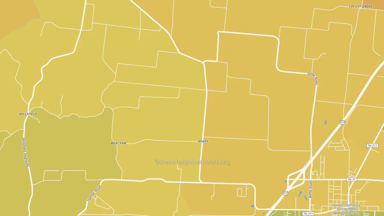 Map of the best neighborhoods in the Maxey area, with better matches in green and worse matches in red