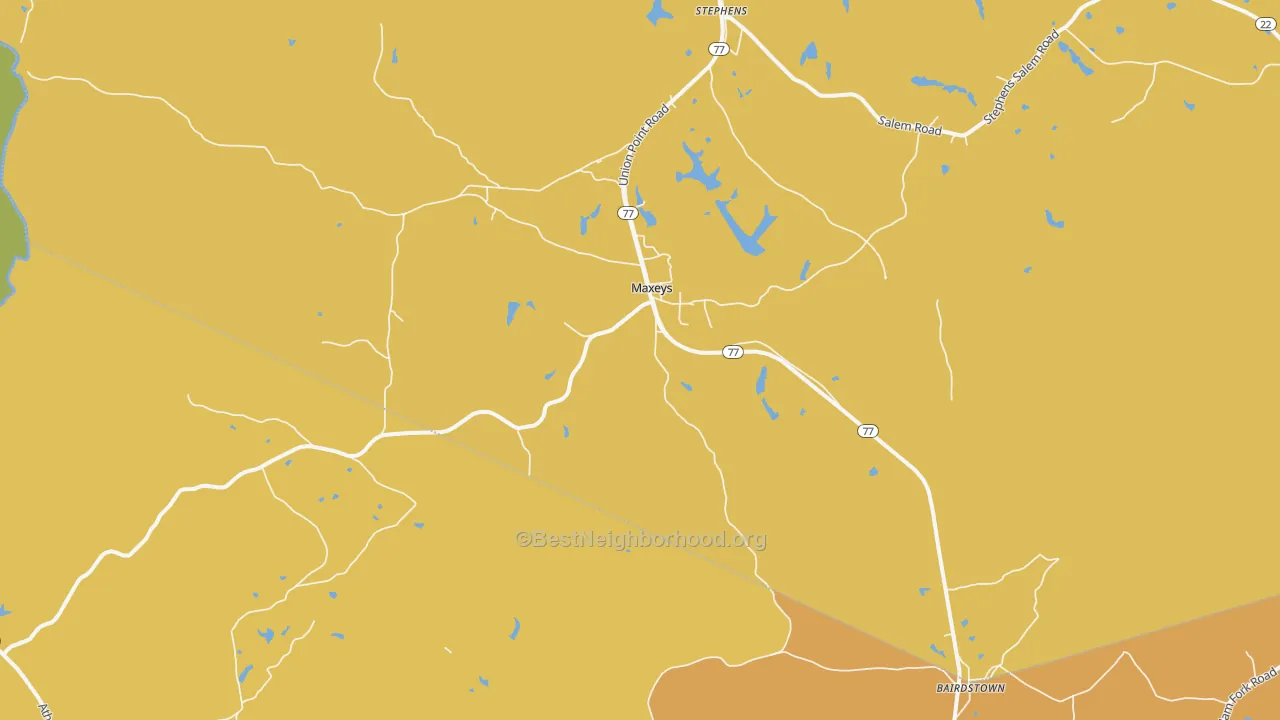 Map of the best neighborhoods in the Maxeys area, with better matches in green and worse matches in red