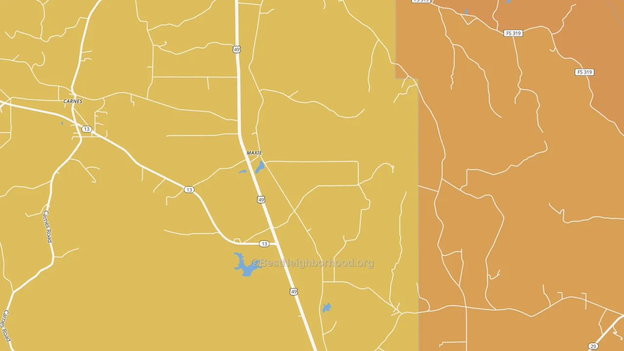 Map of the best neighborhoods in the Maxie area, with better matches in green and worse matches in red
