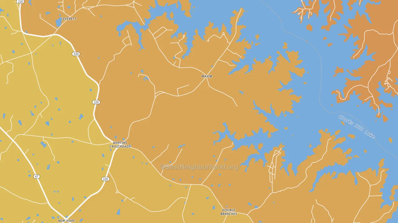 Map of the best neighborhoods in the Maxim area, with better matches in green and worse matches in red