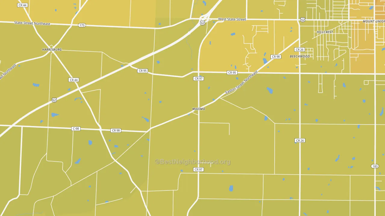 Map of the best neighborhoods in the Maximo area, with better matches in green and worse matches in red