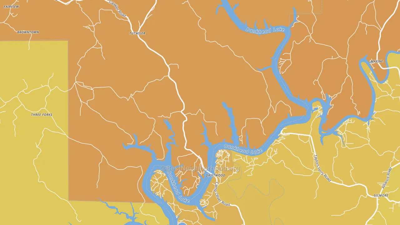 Map of the best neighborhoods in the Maxine area, with better matches in green and worse matches in red