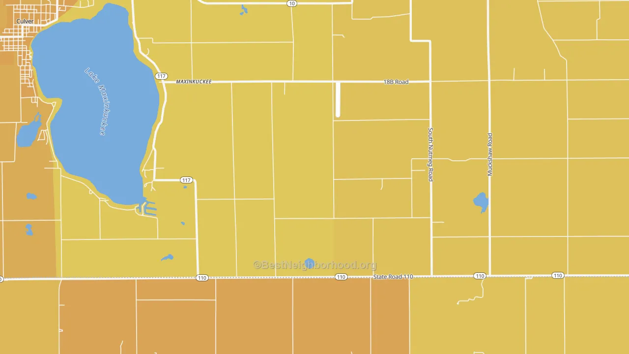 Map of the best neighborhoods in the Maxinkuckee area, with better matches in green and worse matches in red