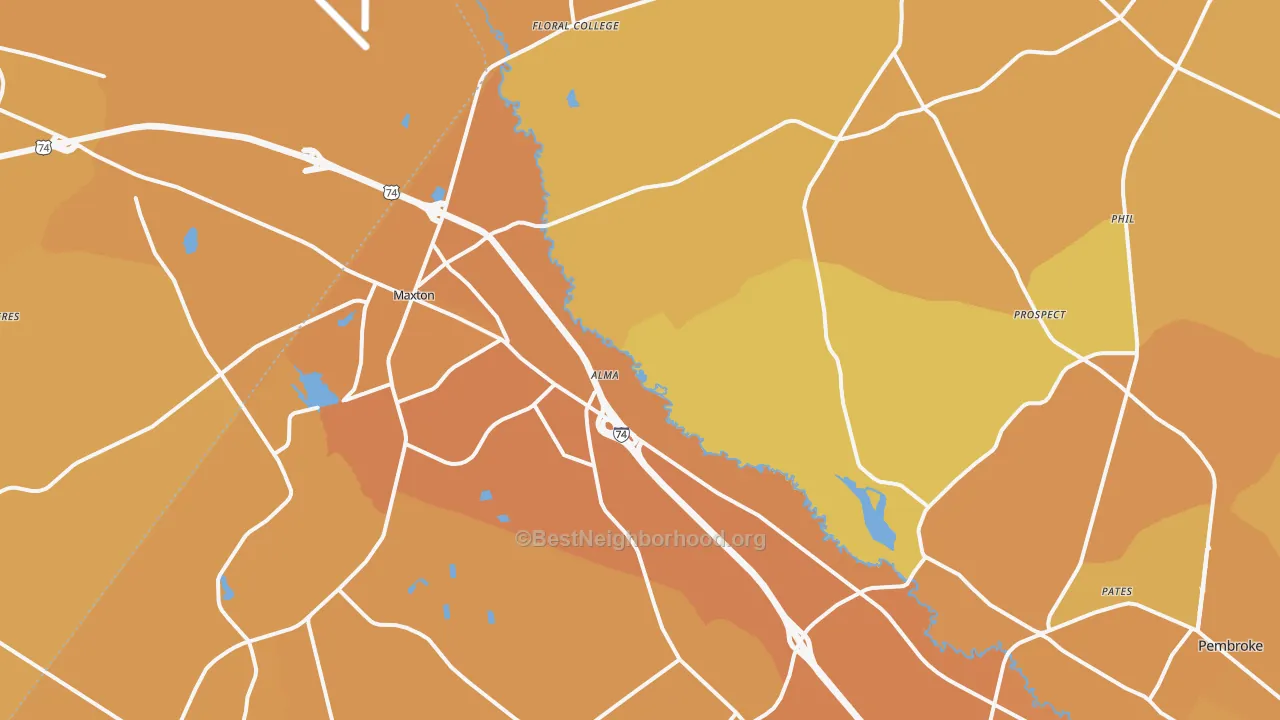Map of the best neighborhoods in the Maxton area, with better matches in green and worse matches in red