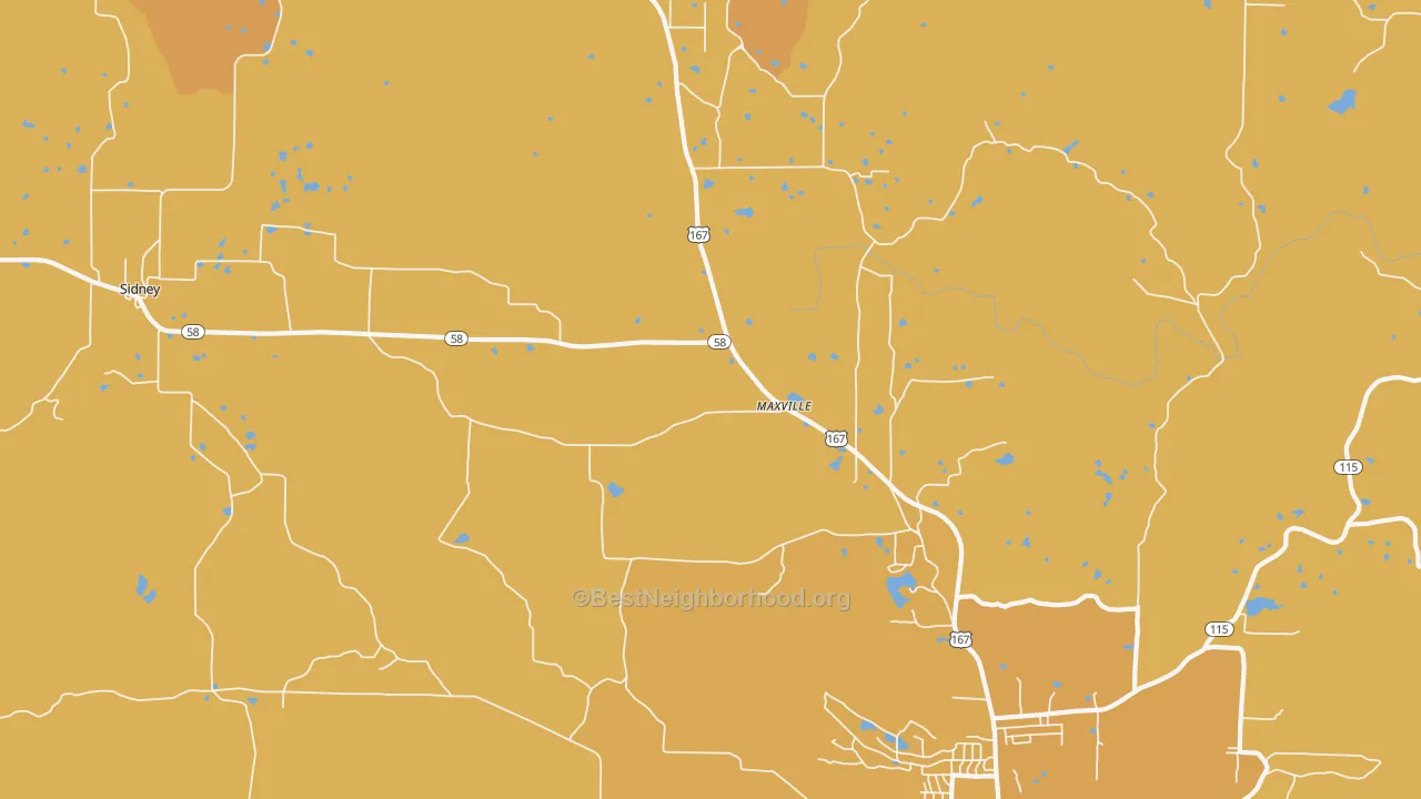 Map of the best neighborhoods in the Maxville area, with better matches in green and worse matches in red